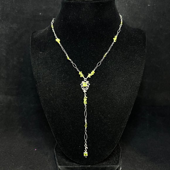 Barse Sterling Silver W/Green Rhinestones And Beads Lariat Necklace 18" (3699) - Picture 1 of 7